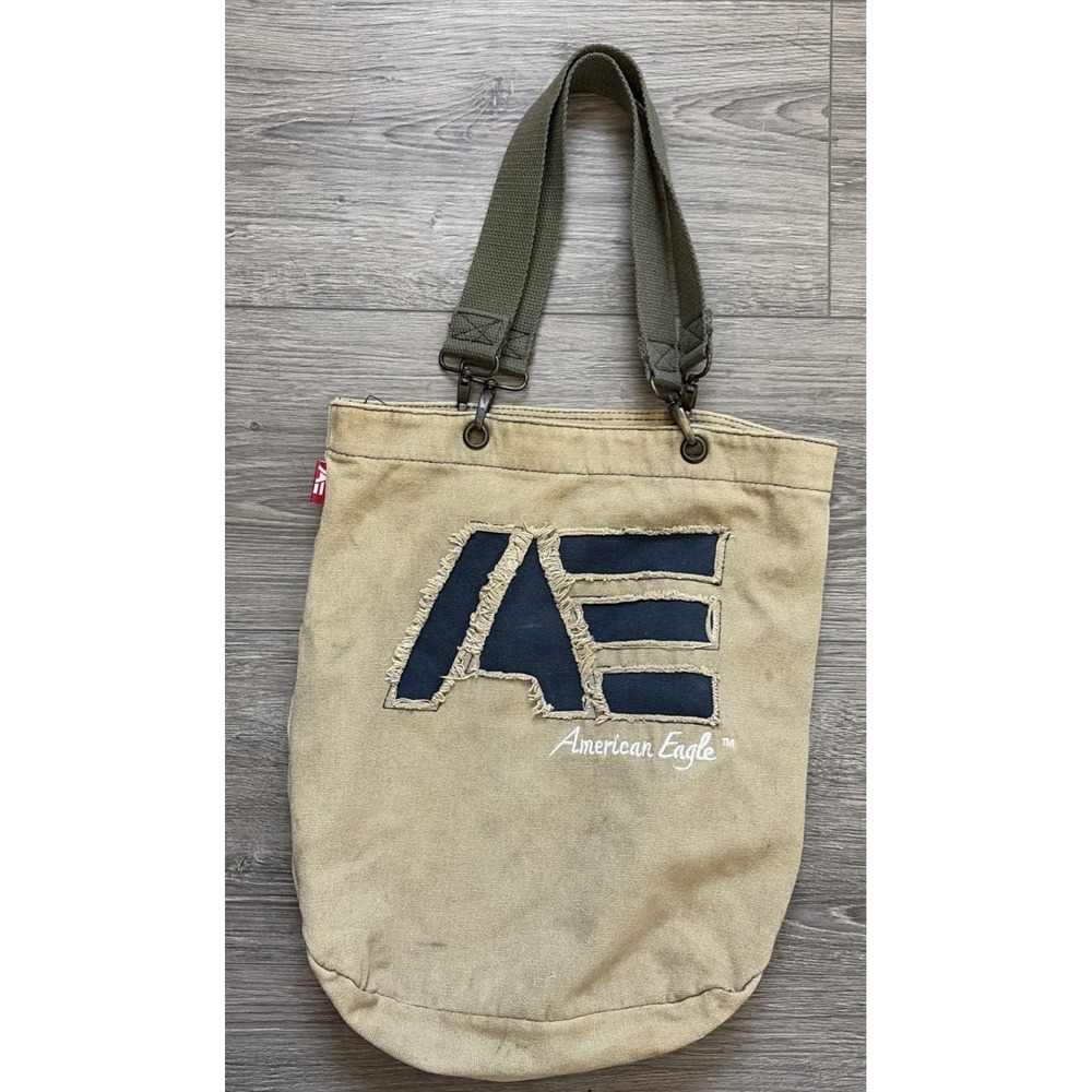 Y2K American Eagle AE Canvas Tote Bag Vintage Olive Green Khaki Shopper Travel